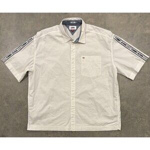 Vintage Tommy Jeans Hilfiger White Button Up Shirt Y2K Mens XL Logo Tape Sleeves